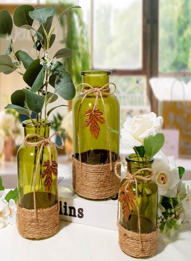 GnFlus Green Glass Vase Set of 3 Flower Vase Vintage Bud Vases Decorative Glass Bottles for Centerpieces Table Decorations Living Room Office Dining Room Kitchen Home Decor, 5" 6.5" 8" Tall Green Vase - Image 3